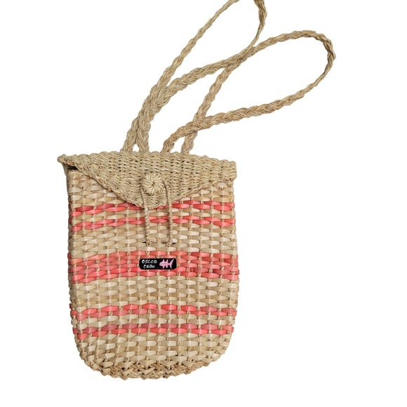 Oslob Cebu Handbags - Oslob Cebu Woven Straw Backpack Purse with Braid Handles Pink Tan Stripe Cute